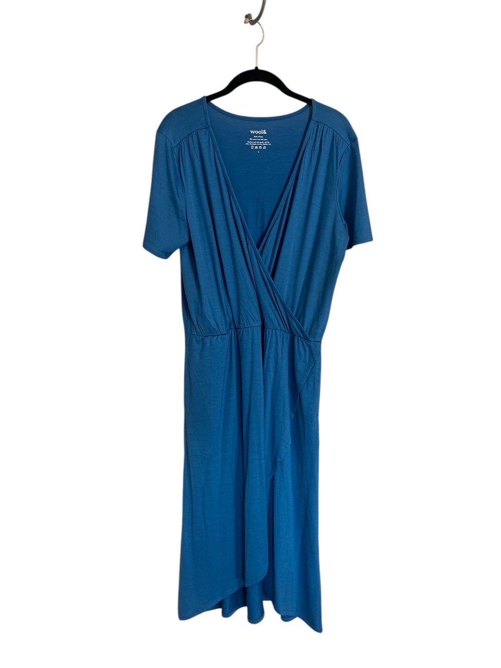 Wool& merino wool blue Ines tulip hem faux wrap dress sz large pockets casual - Picture 2 of 13